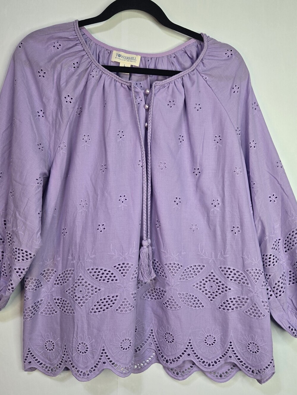 Towerhill Size L Lillac Cut Out Peasant Blouse, Tassel Tie & Scalloped Hem, NWT